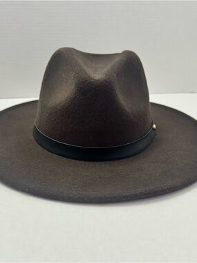 Womens Brown Wide Brim Felt Hat Faux Leather Band Studded Boho Western One Size